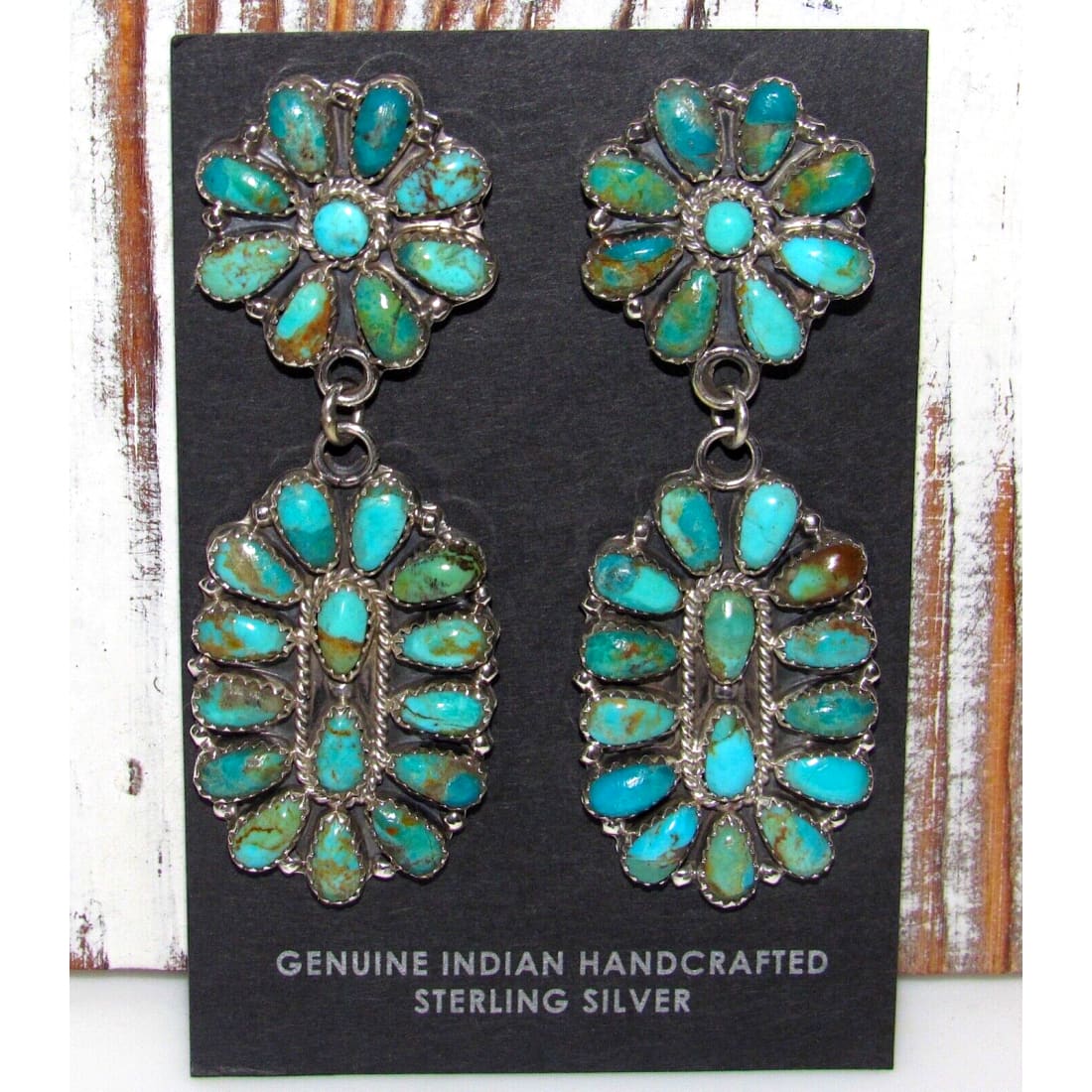 Navajo Turquoise Cluster Dangle Earrings Sterling Silver 