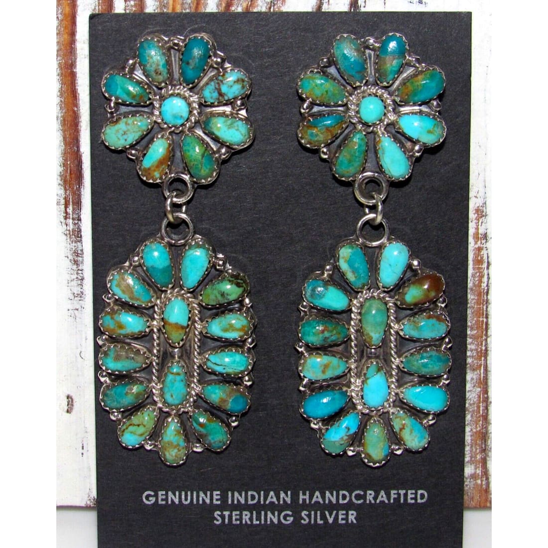 Navajo Turquoise Cluster Dangle Earrings Sterling Silver 