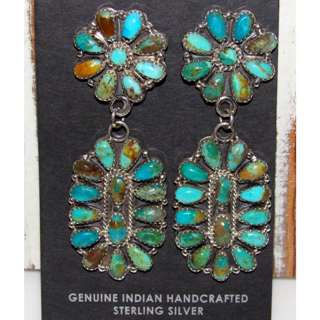 Navajo Turquoise Cluster Dangle Earrings Sterling Silver 