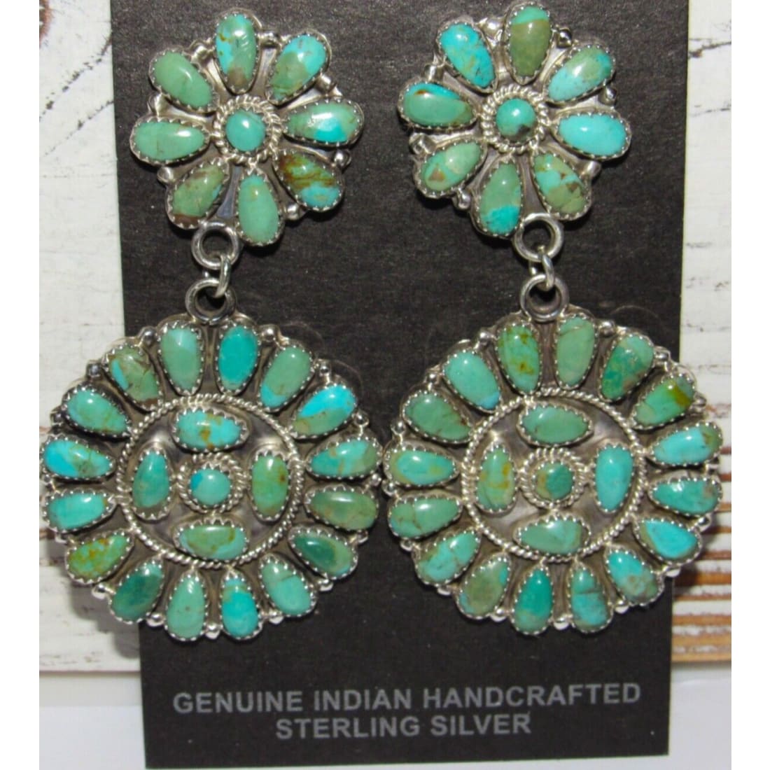 Navajo Turquoise Cluster Dangle Earrings Sterling Silver 