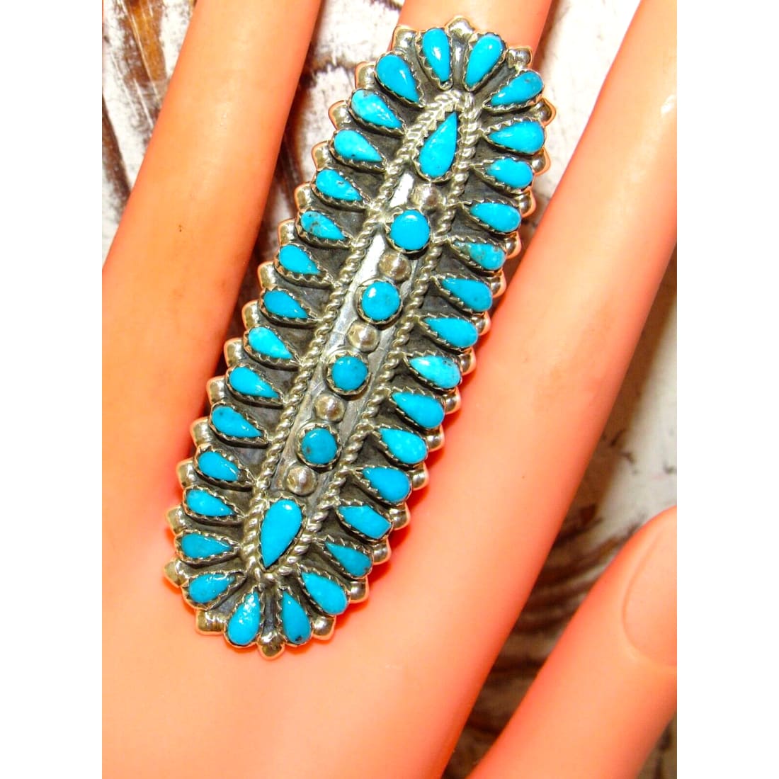 Navajo Turquoise Cluster Statement Ring Sz 7.5 Sterling 