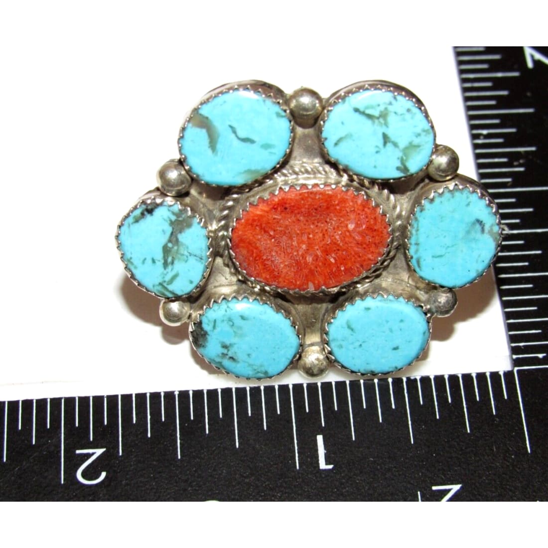 Navajo Turquoise Cluster Statement Ring Sz 8.5 Sterling