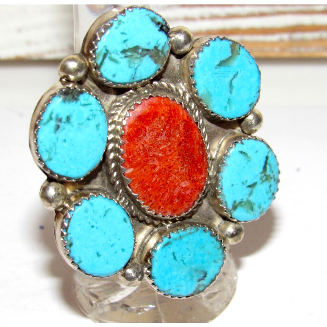 Navajo Turquoise Cluster Statement Ring Sz 8.5 Sterling