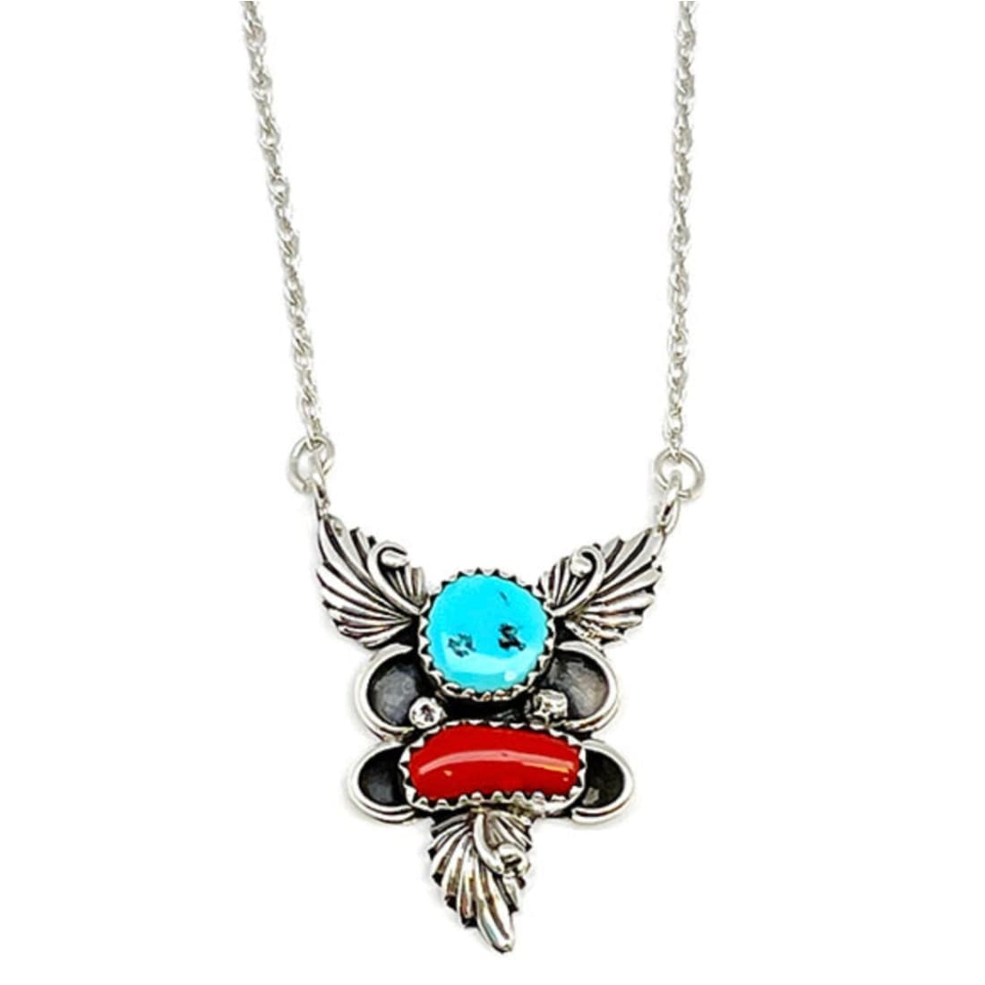 Navajo Turquoise Coral Bar Necklace Sterling Silver Kingman Turquoise Mediterranean Coral R. Chee The Southwestern Style Gallery