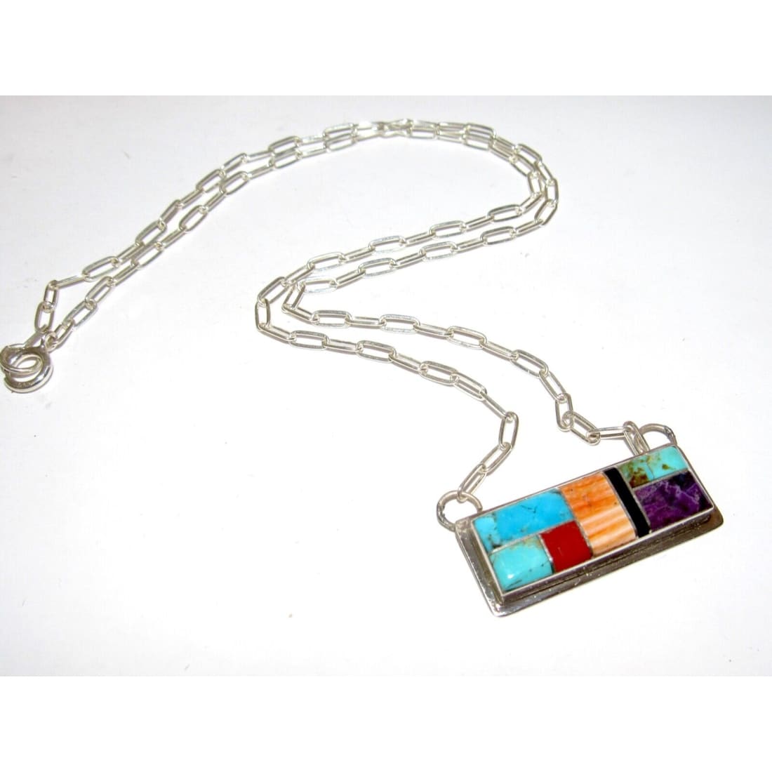 Navajo Turquoise Coral Inlay Bar Necklace Sterling Silver 