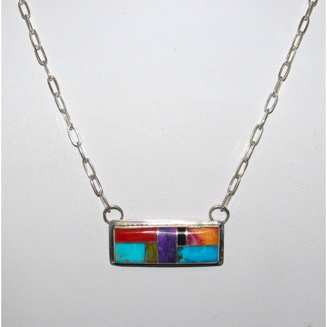 Navajo Turquoise Coral Inlay Bar Necklace Sterling Silver 