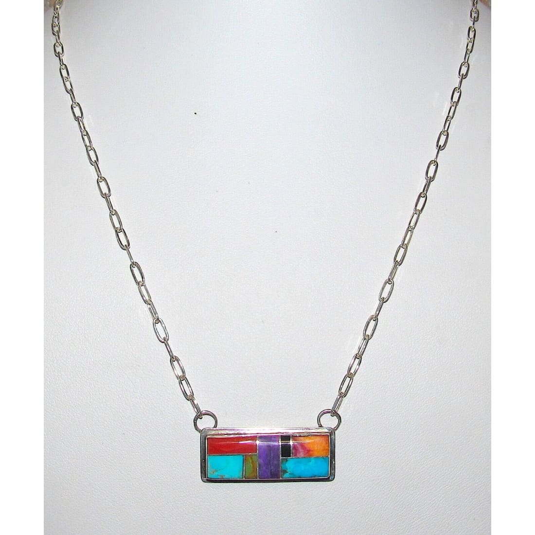 Navajo Turquoise Coral Inlay Bar Necklace Sterling Silver 