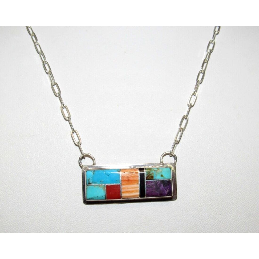 Navajo Turquoise Coral Inlay Bar Necklace Sterling Silver 