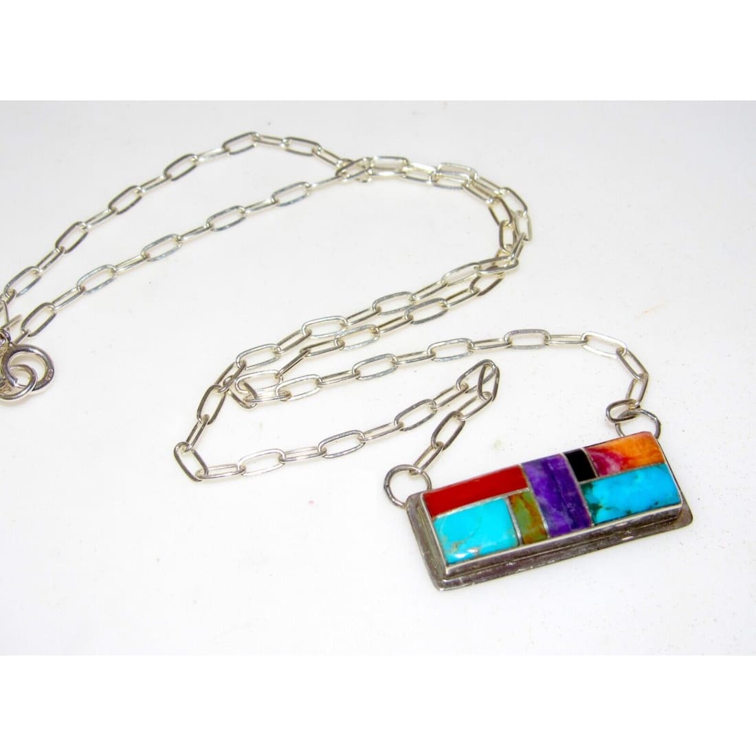 Navajo Turquoise Coral Inlay Bar Necklace Sterling Silver 