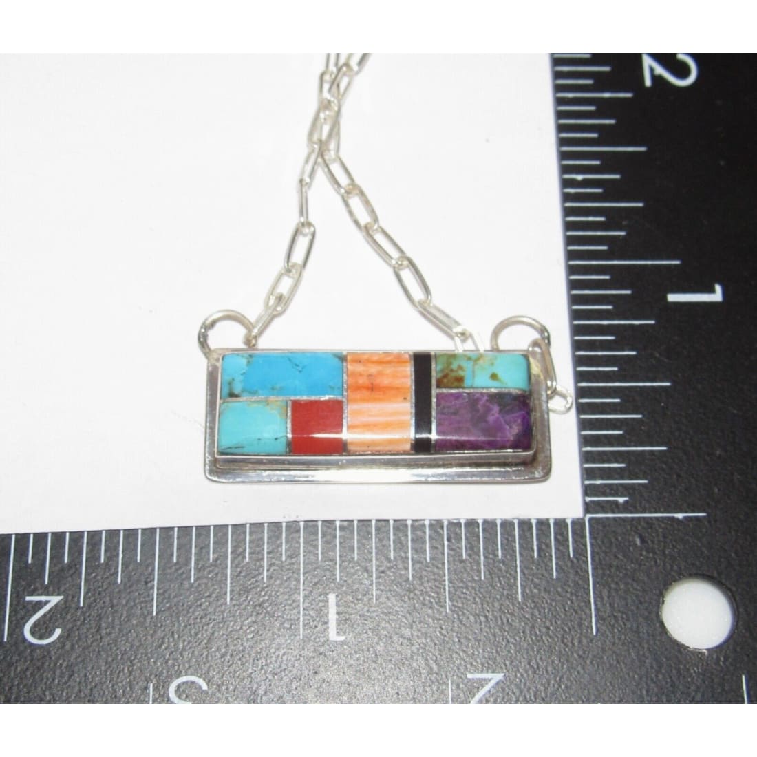 Navajo Turquoise Coral Inlay Bar Necklace Sterling Silver 