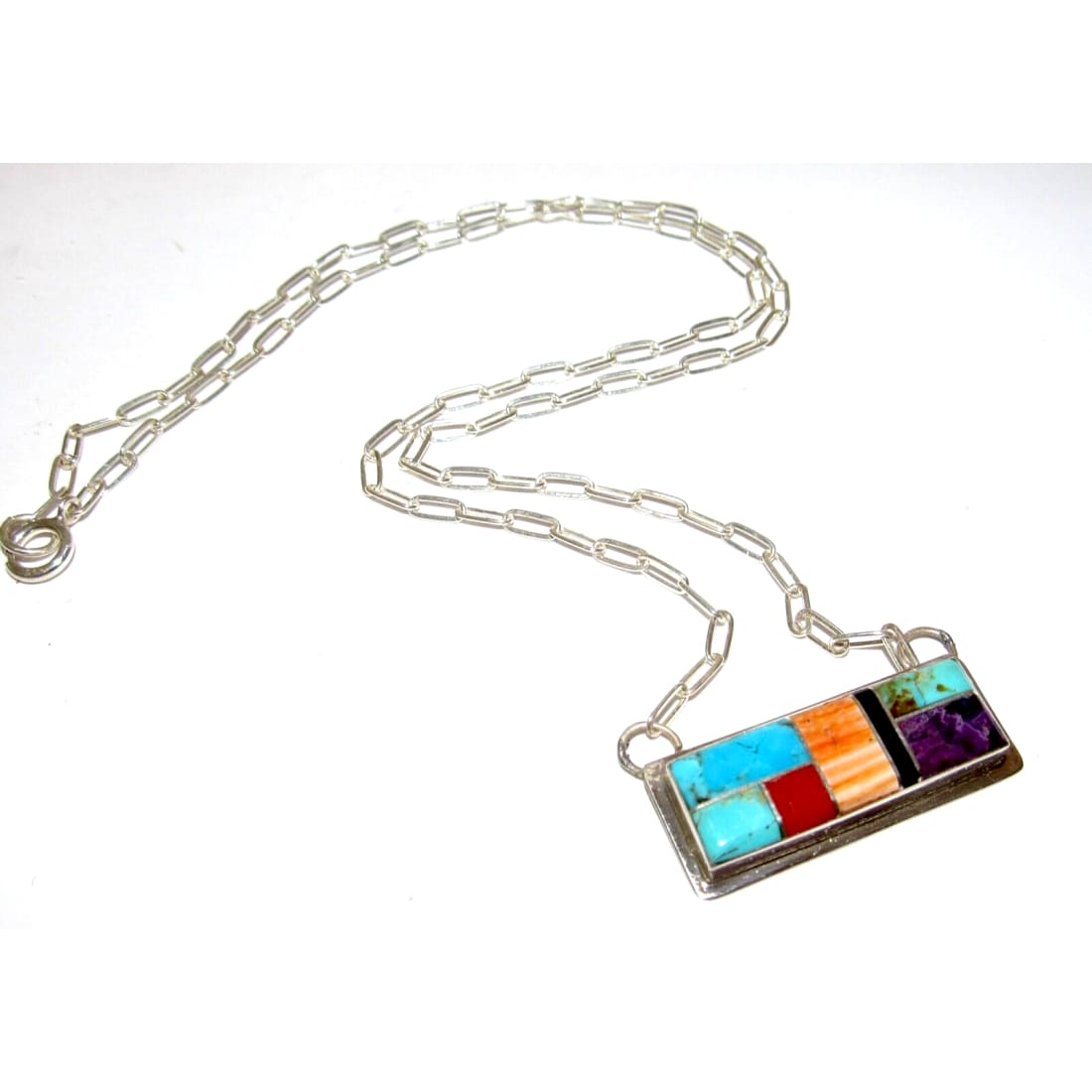 Navajo Turquoise Coral Inlay Bar Necklace Sterling Silver 