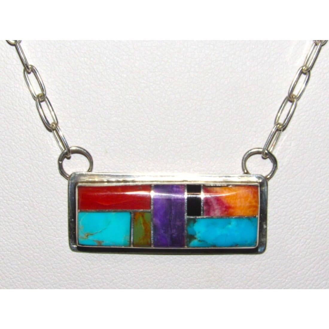 Navajo Turquoise Coral Inlay Bar Necklace Sterling Silver 