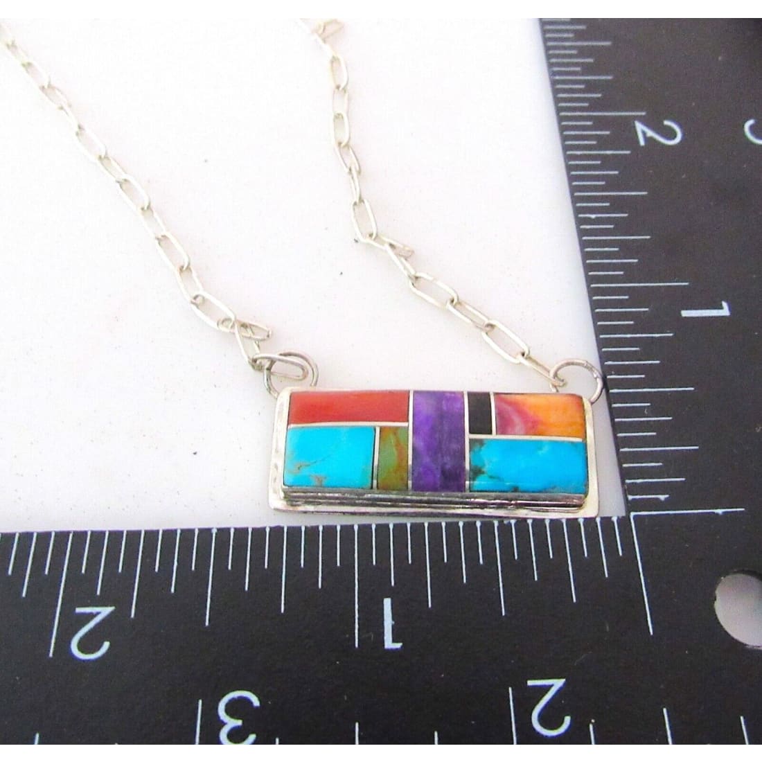 Navajo Turquoise Coral Inlay Bar Necklace Sterling Silver 
