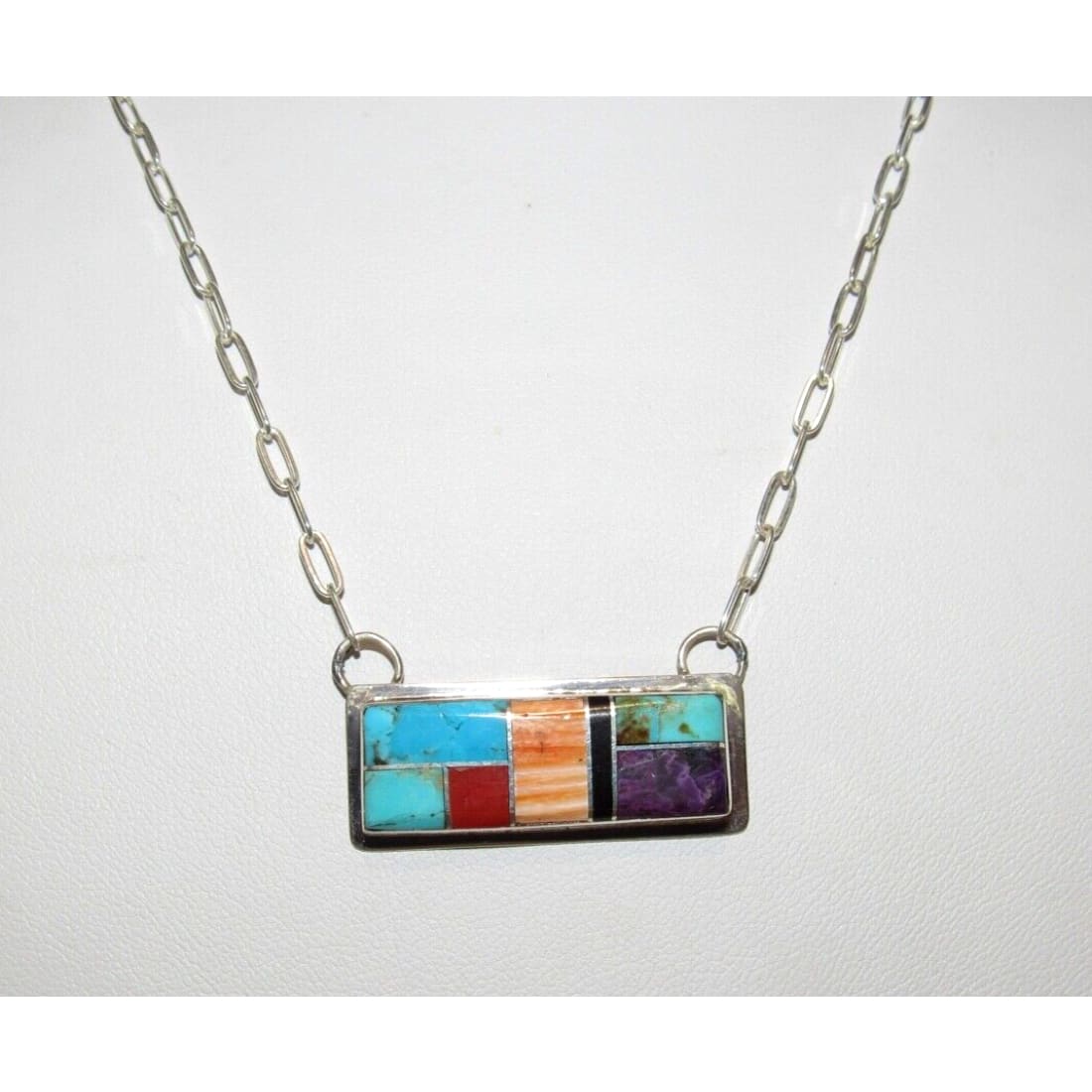 Navajo Turquoise Coral Inlay Bar Necklace Sterling Silver 