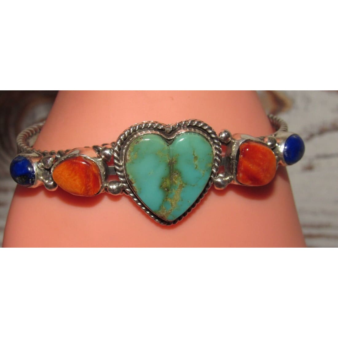 Navajo Turquoise Heart Orange Spiny Lapis Statement Cuff 