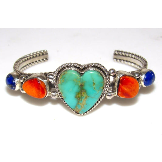 Navajo Turquoise Heart Orange Spiny Lapis Statement Cuff 