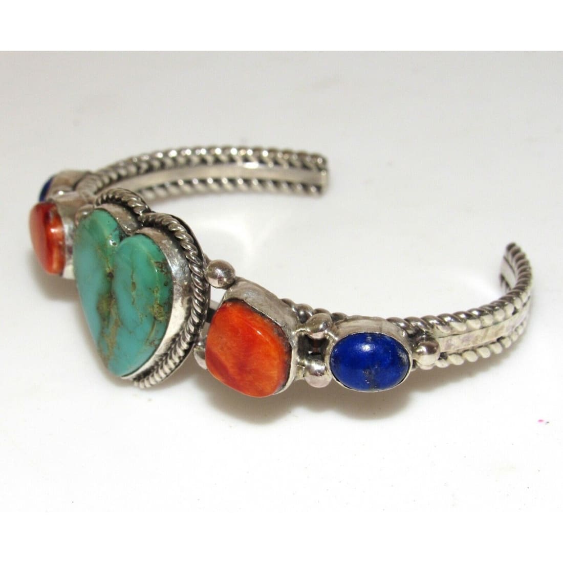 Navajo Turquoise Heart Orange Spiny Lapis Statement Cuff 