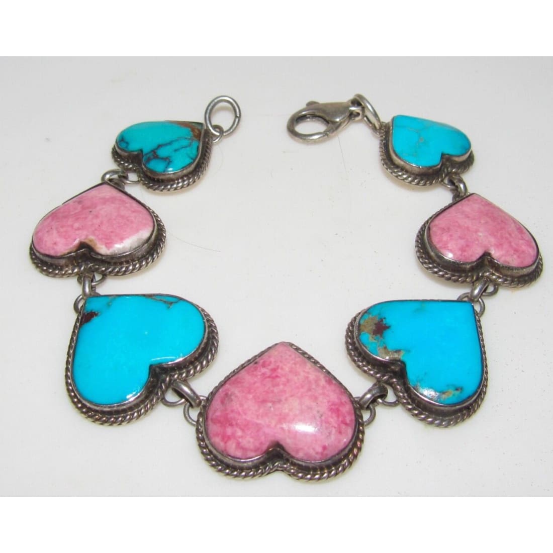 Navajo Turquoise Heart Pink Rhodochrosite Link Bracelet 