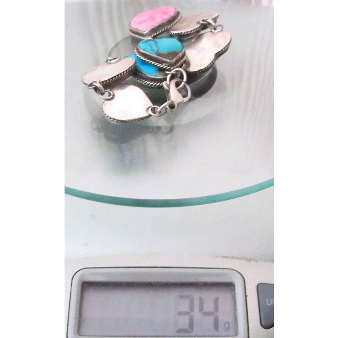 Navajo Turquoise Heart Pink Rhodochrosite Link Bracelet 