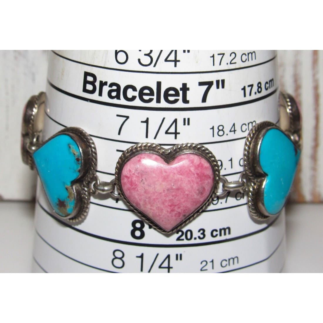 Navajo Turquoise Heart Pink Rhodochrosite Link Bracelet 