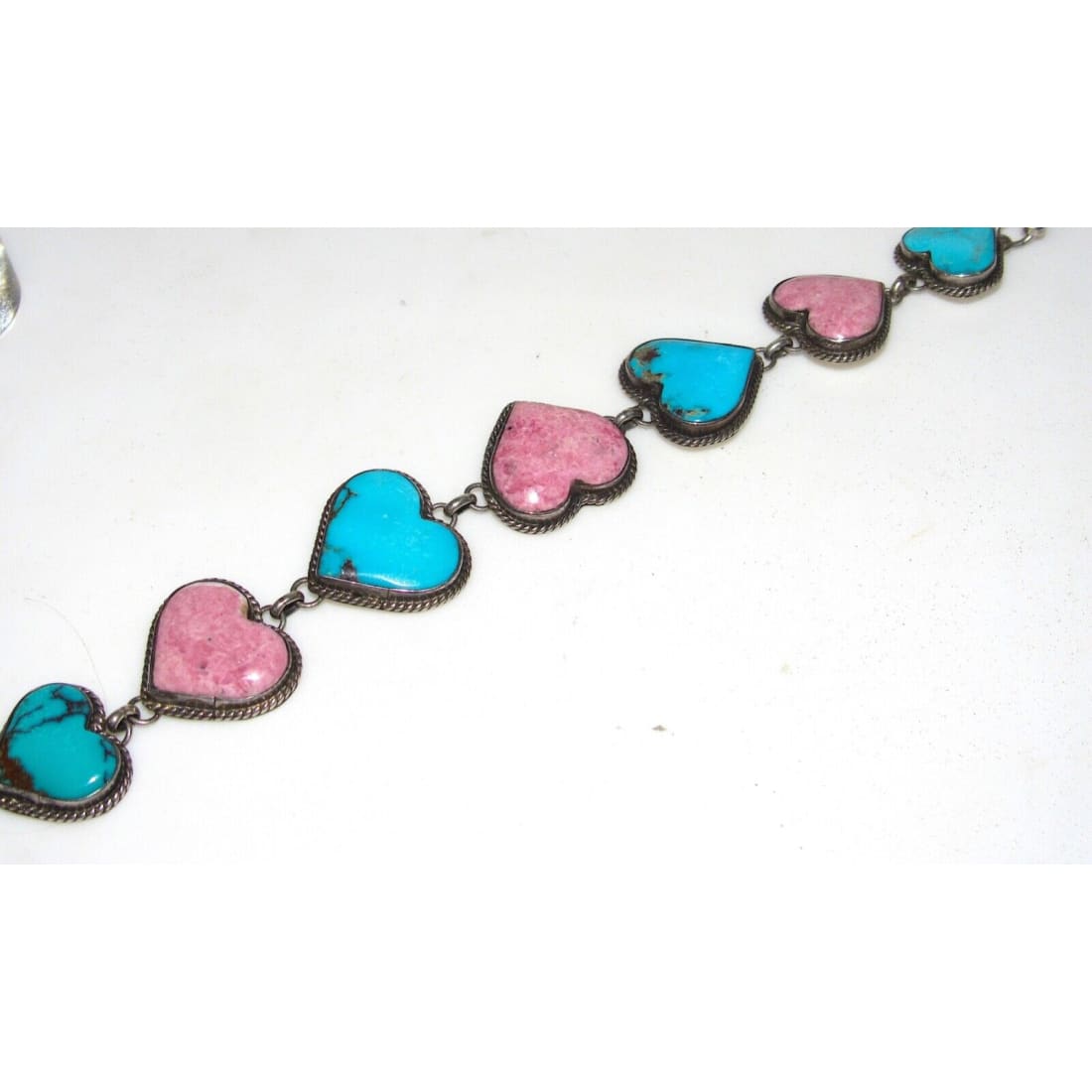 Navajo Turquoise Heart Pink Rhodochrosite Link Bracelet 