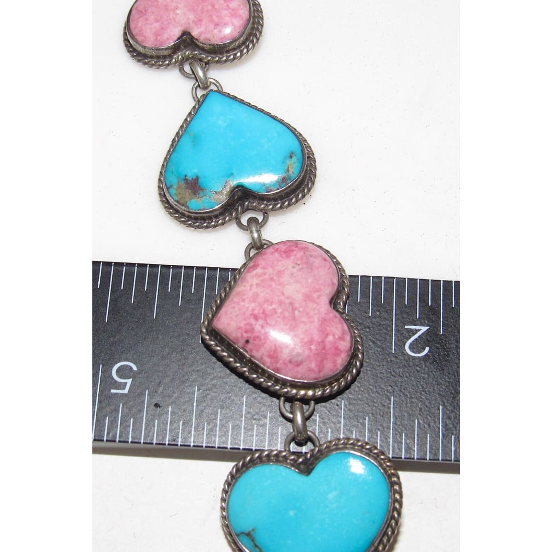 Navajo Turquoise Heart Pink Rhodochrosite Link Bracelet 
