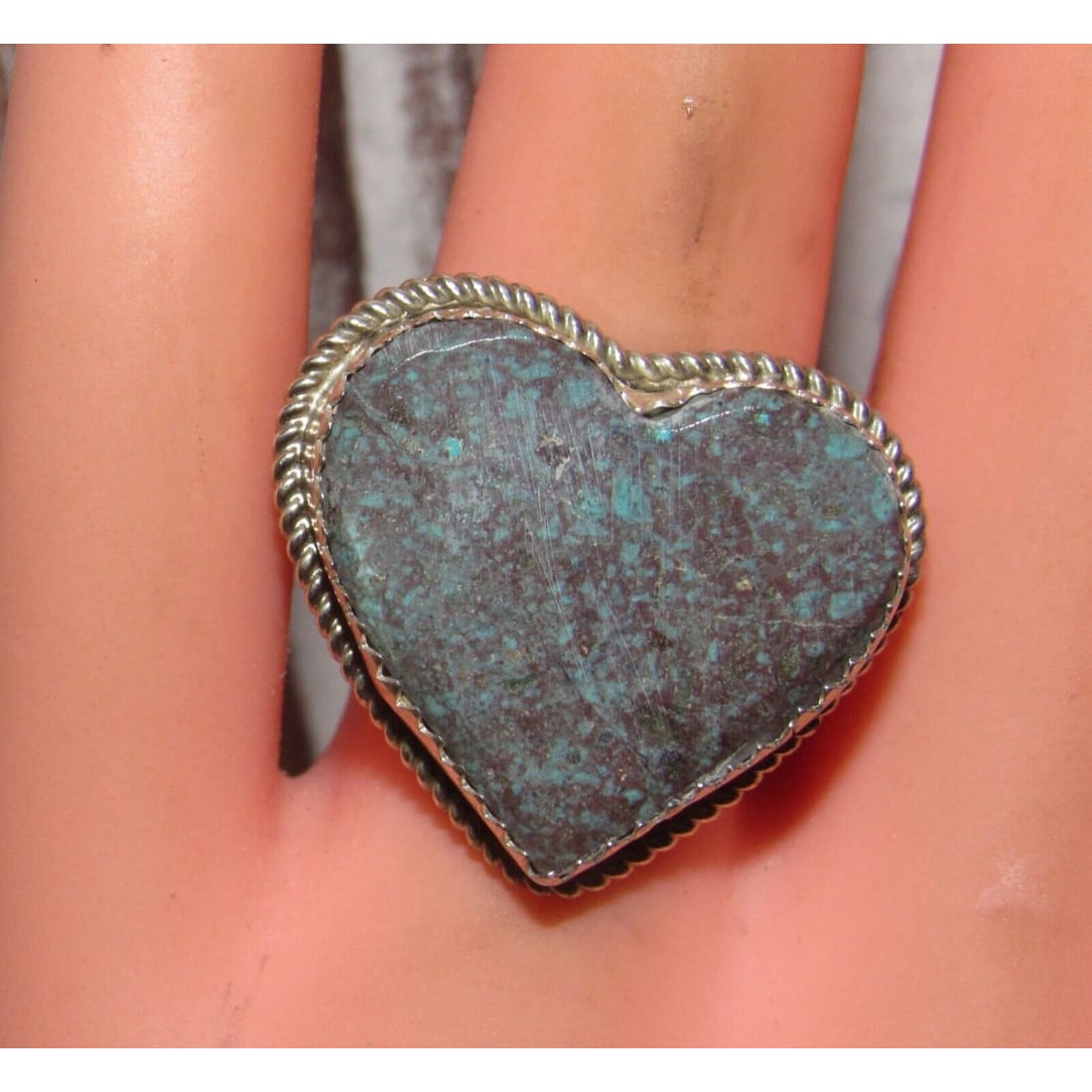Navajo Turquoise Heart Ring Sz 7.5 Sterling Silver Signed 