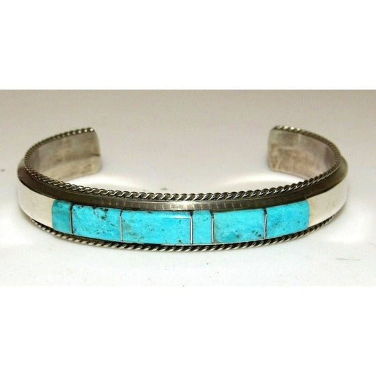 Navajo Turquoise Inlay Stacker Cuff Bracelet Sterling Native