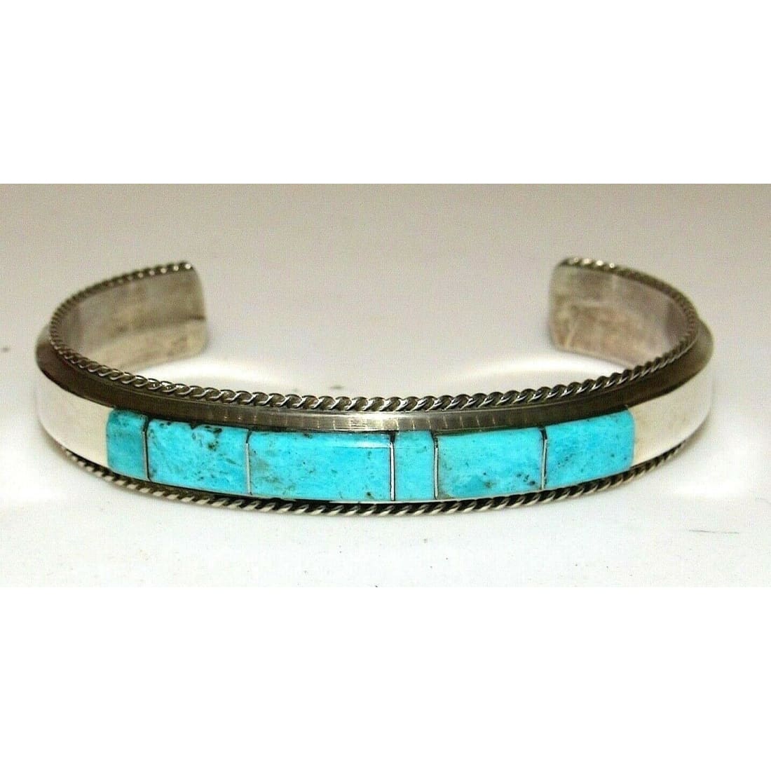 Navajo Turquoise Inlay Stacker Cuff Bracelet Sterling Native