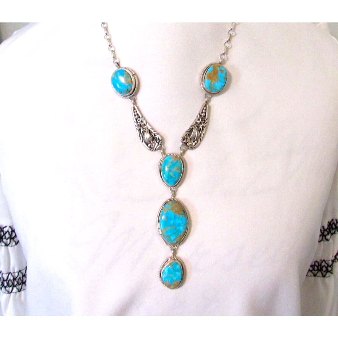 Navajo Turquoise Mountain Mine Lariat Necklace Sterling 