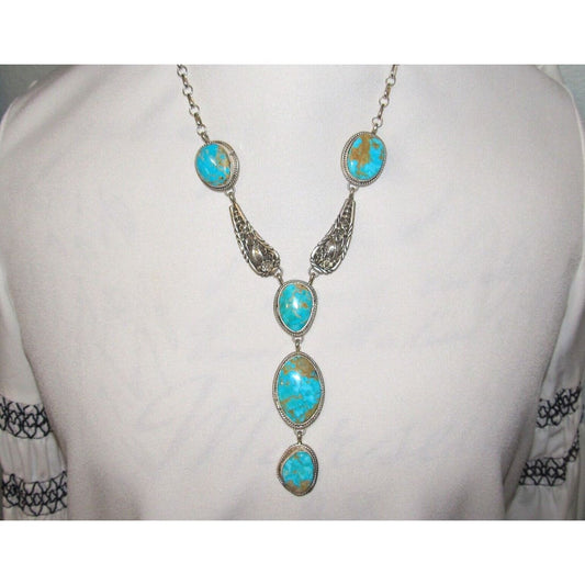 Navajo Turquoise Mountain Mine Lariat Necklace Sterling 