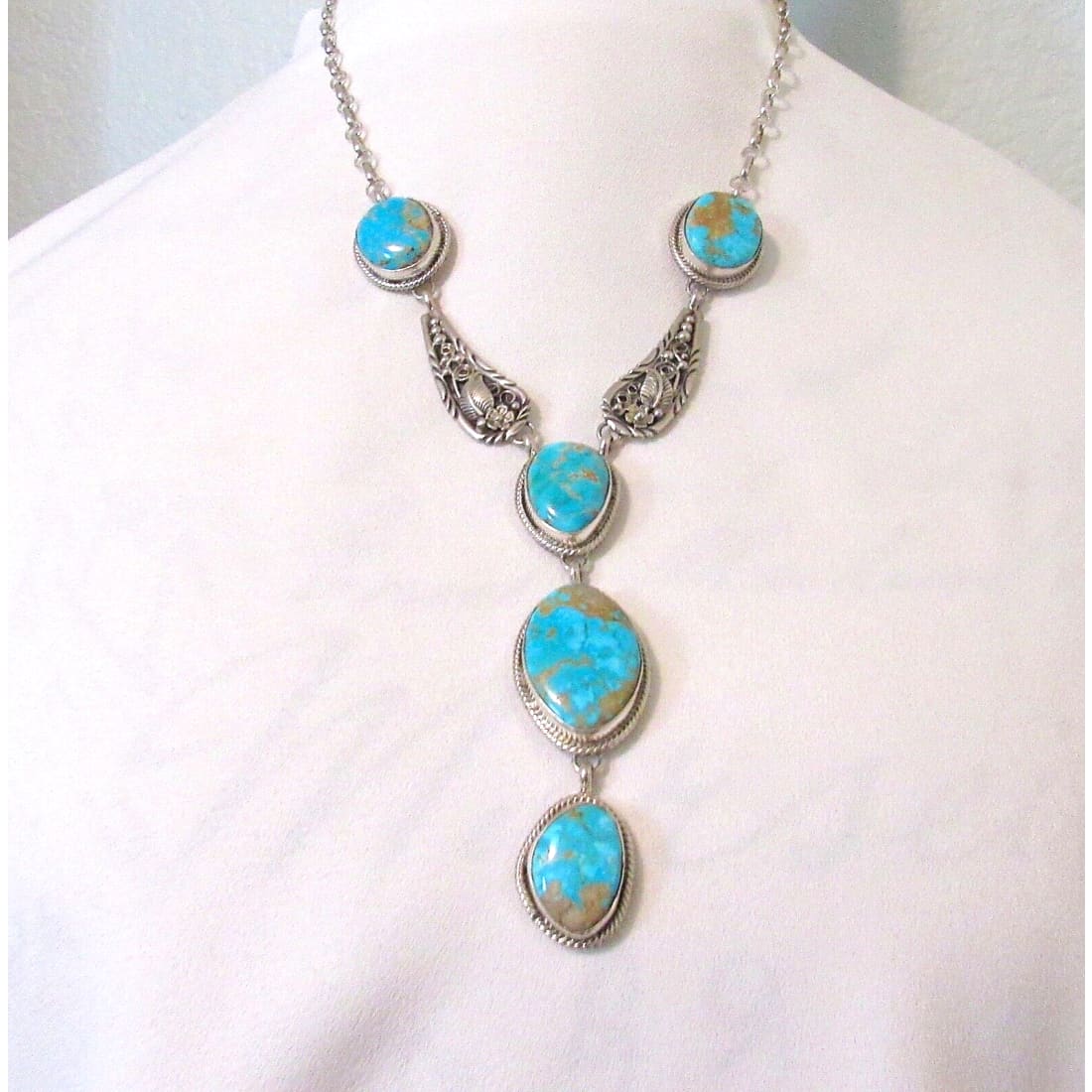 Navajo Turquoise Mountain Mine Lariat Necklace Sterling 
