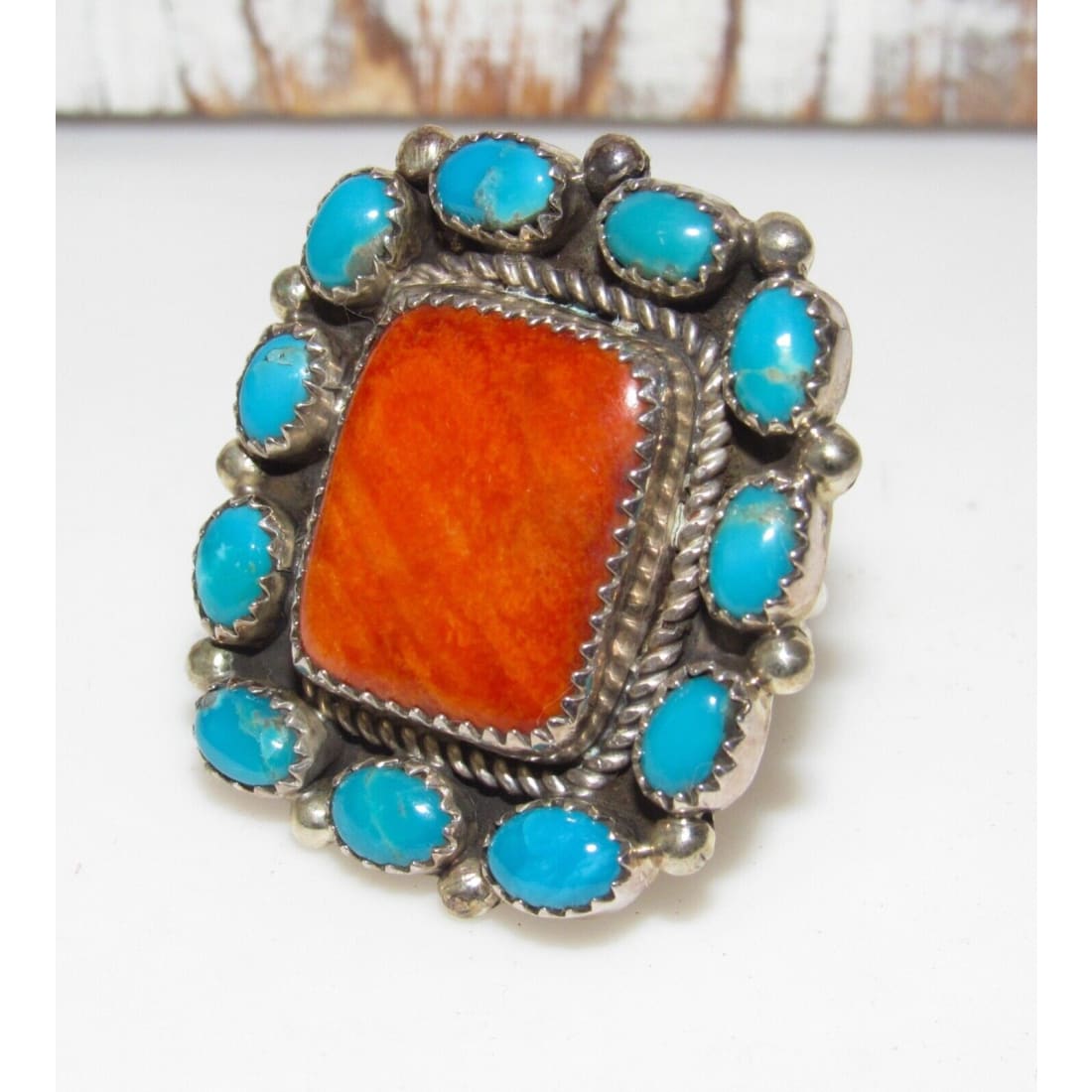 Navajo Turquoise Orange Spiny Cluster Ring Sz 9 Sterling 