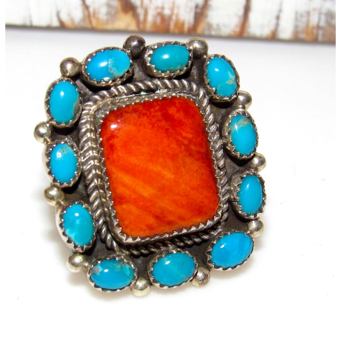 Navajo Turquoise Orange Spiny Cluster Ring Sz 9 Sterling 