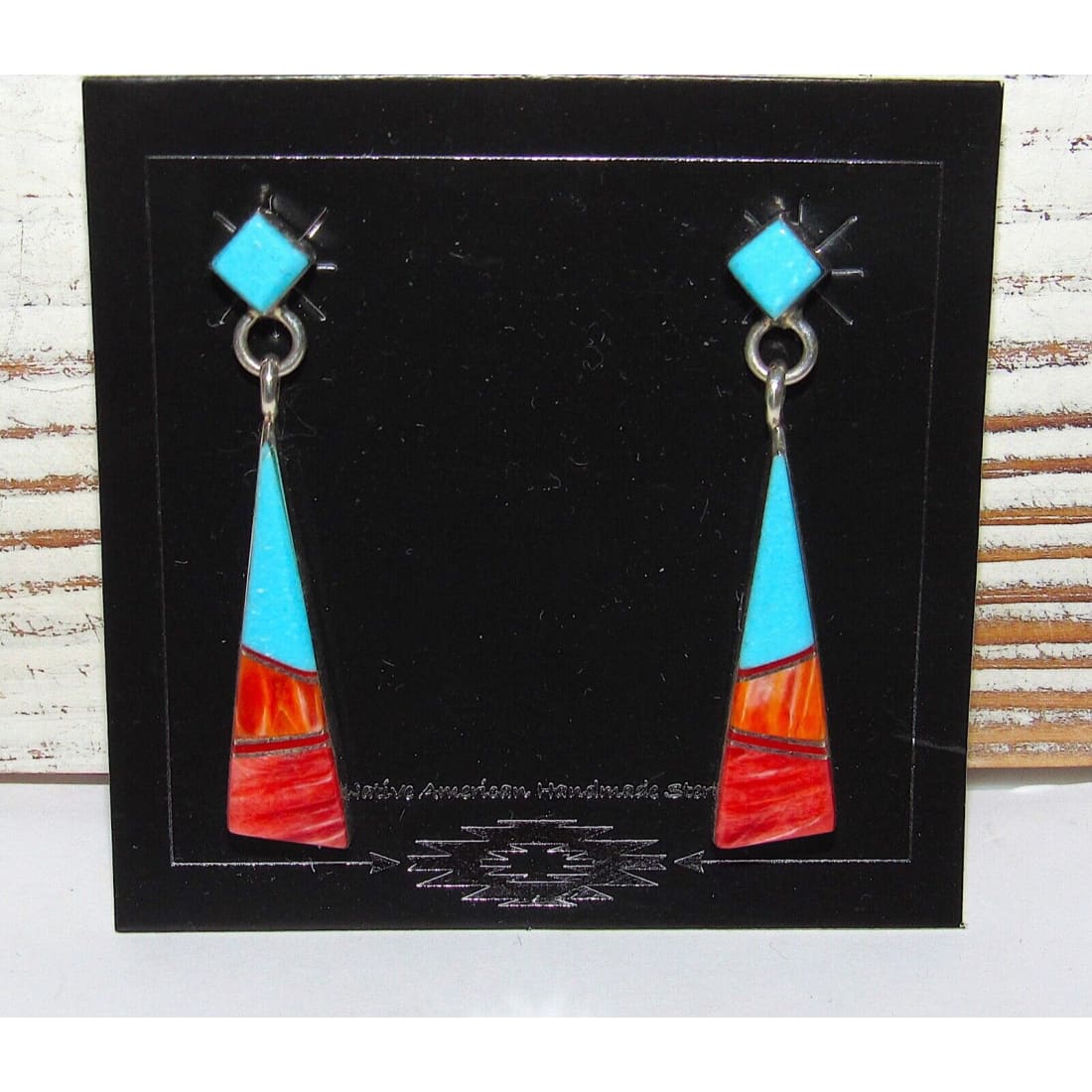 Navajo Turquoise & Orange Spiny Dangle Earrings Sterling 