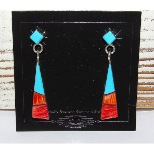 Navajo Turquoise & Orange Spiny Dangle Earrings Sterling 