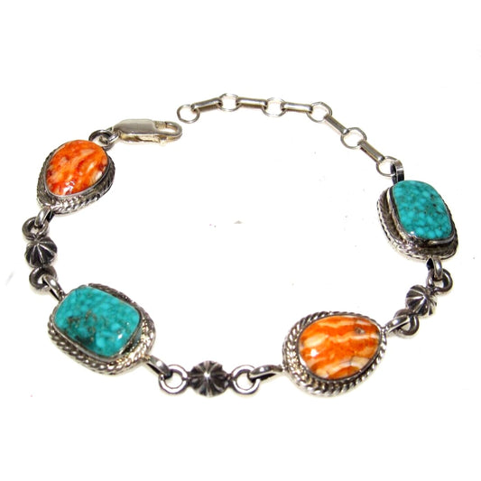 Navajo Turquoise & Spiny Adjustable Link Bracelet Sterling 