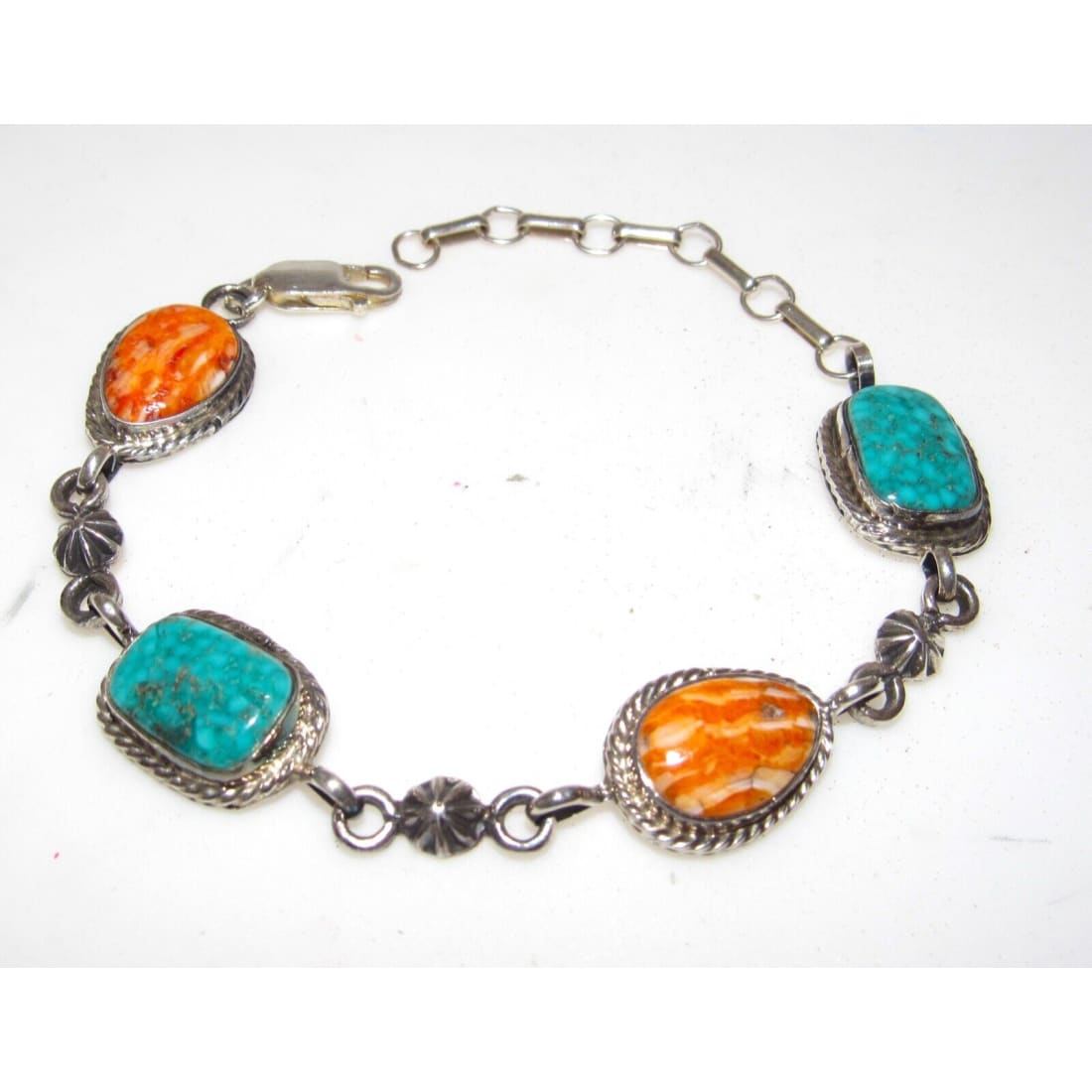 Navajo Turquoise & Spiny Adjustable Link Bracelet Sterling 
