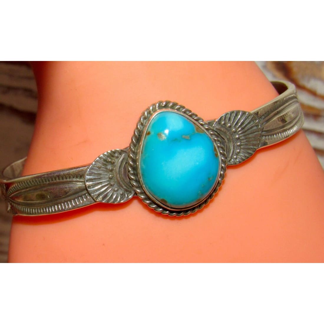 Navajo Turquoise Stacker Cuff Sterling Hand Etched Bracelet 