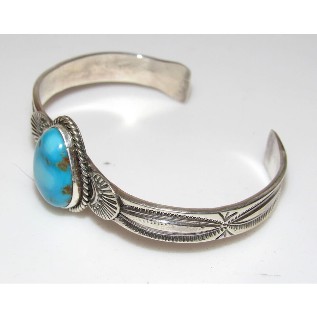 Navajo Turquoise Stacker Cuff Sterling Hand Etched Bracelet 
