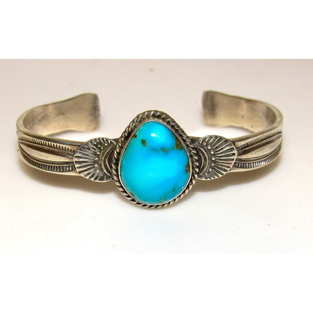 Navajo Turquoise Stacker Cuff Sterling Hand Etched Bracelet 