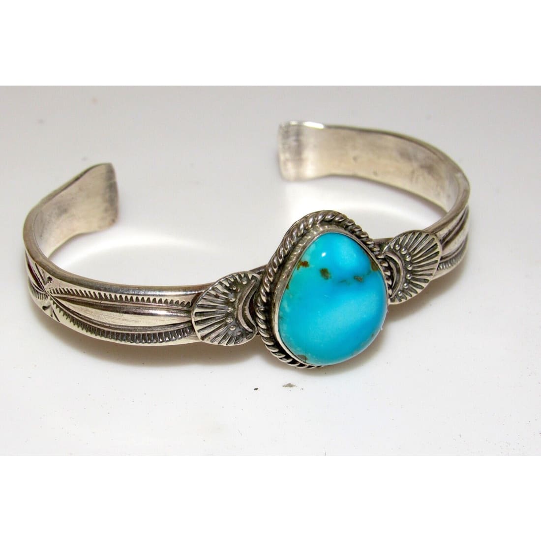 Navajo Turquoise Stacker Cuff Sterling Hand Etched Bracelet 