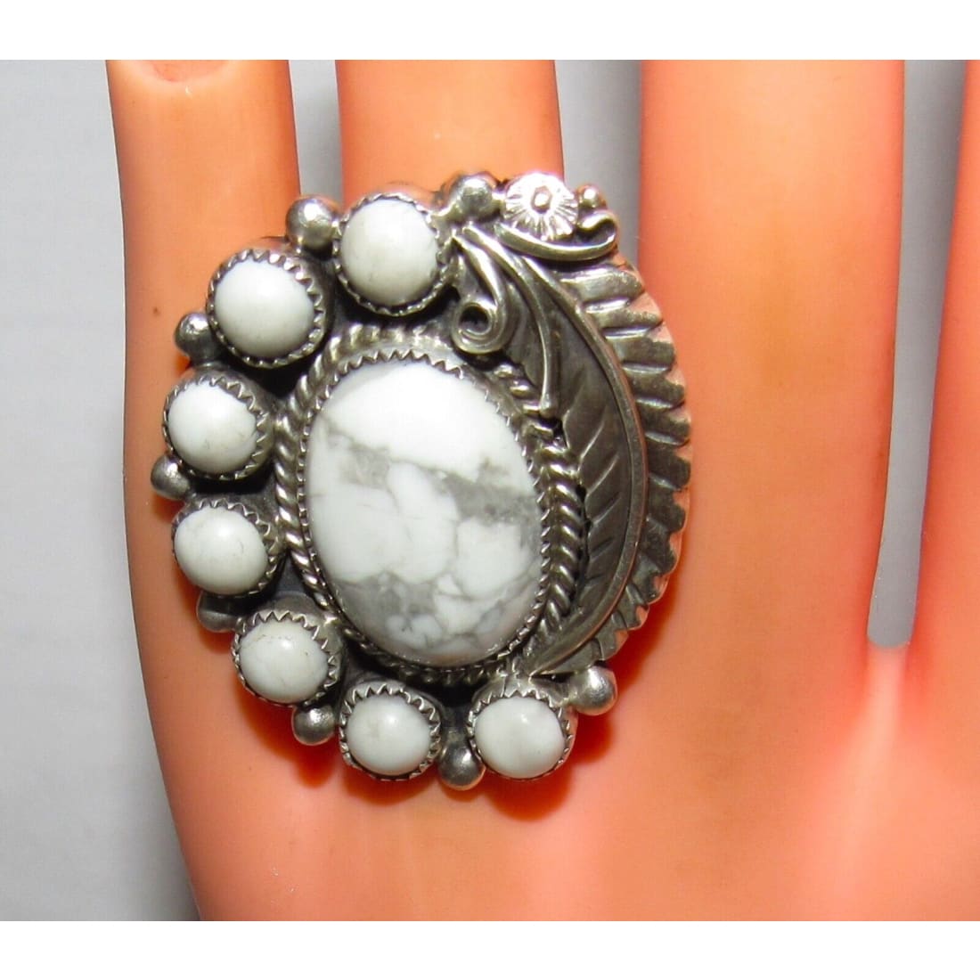 Navajo White Buffalo Half Cluster Ring Size 9 Sterling