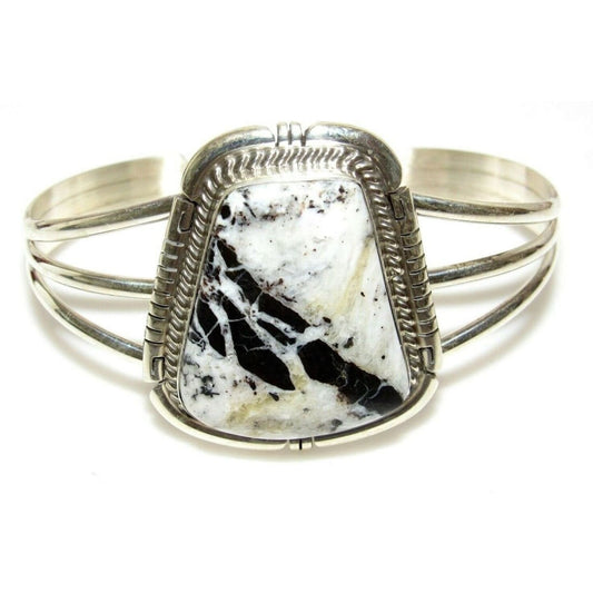 Navajo White Buffalo Statement Cuff Bracelet Sterling Silver