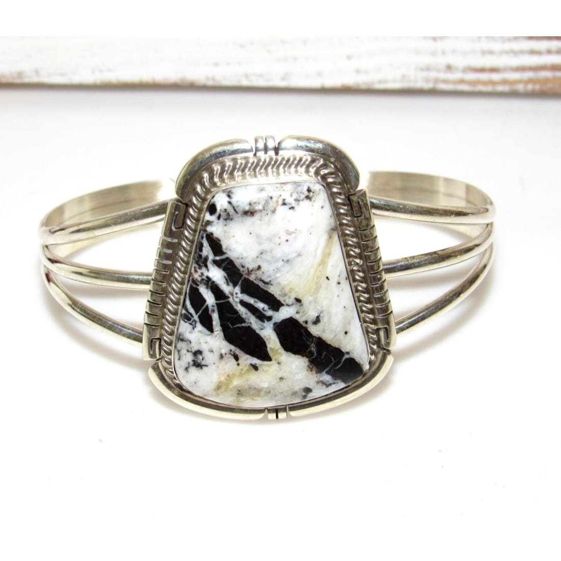 Navajo White Buffalo Statement Cuff Bracelet Sterling Silver