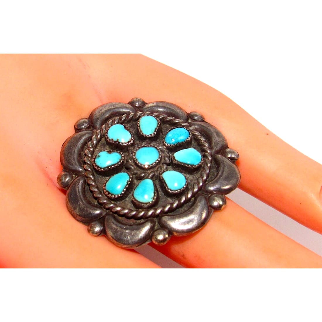 Old Pawn Navajo Kingman Turquoise Cluster Ring Sz 8 Sterling