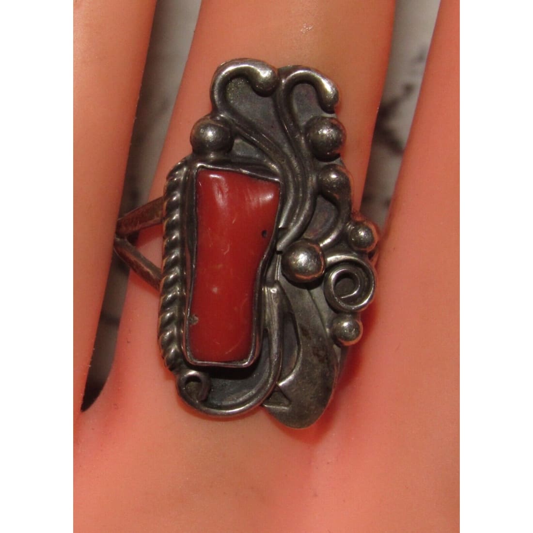Old Pawn Navajo Mediterranean Coral Ring Size 7 Sterling 