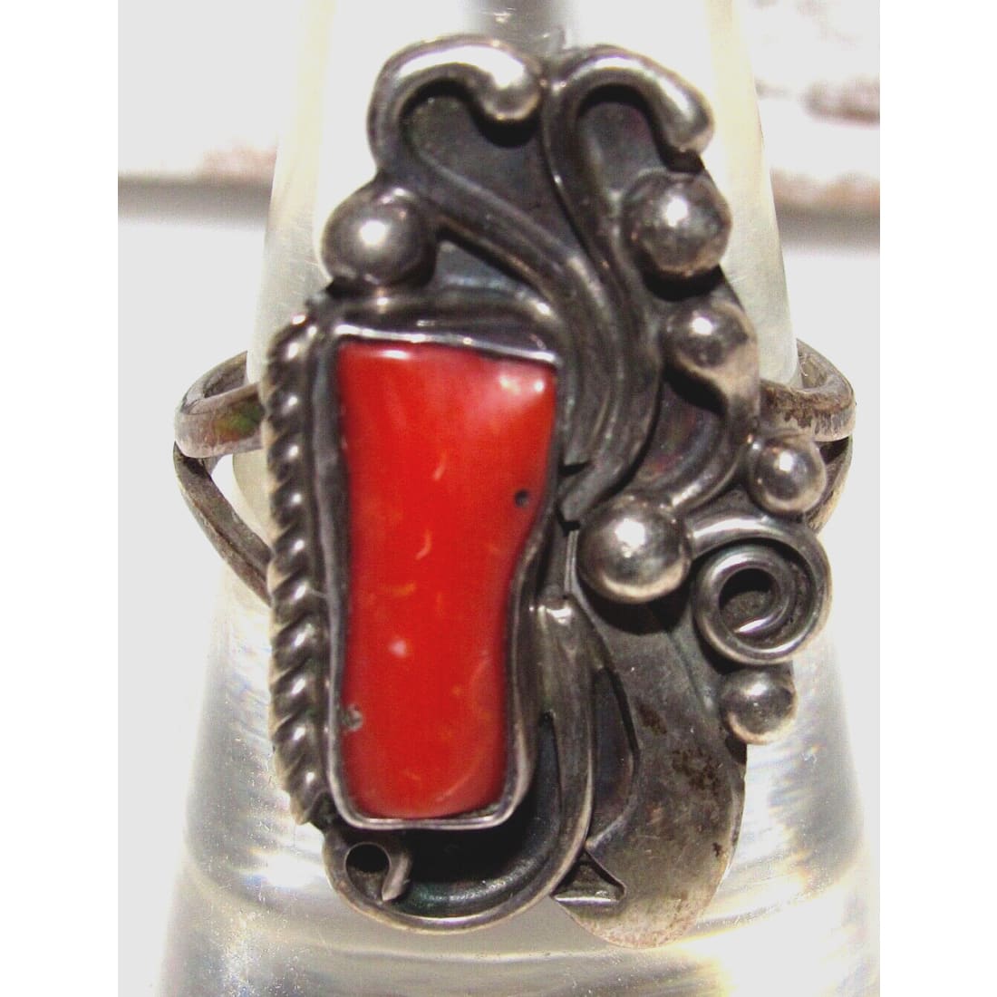 Old Pawn Navajo Mediterranean Coral Ring Size 7 Sterling 
