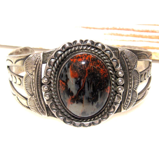 Old Pawn Navajo Petrified Wood Cuff Bracelet Ingot Sterling 