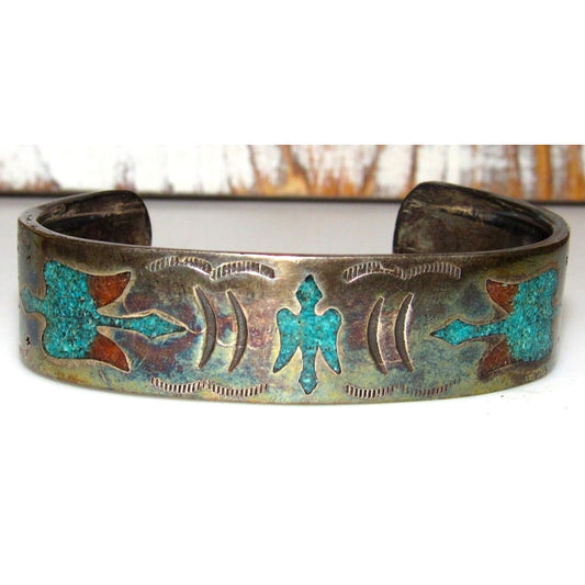 Old Pawn Navajo Peyote Bird Cuff Bracelet Turquoise Coral 